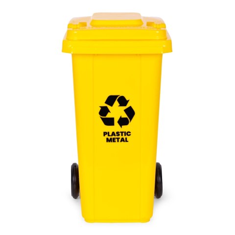 Kosz na smieci pojemnik 120L kubeł śmietnik żółty plastik gumowe koła
