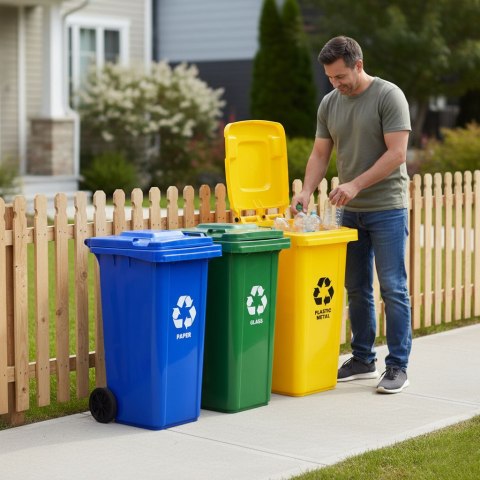 Zestaw 4 koszy na śmieci pojemniki 4x120L niebieski zielony żółty czarny makulatura szkło plastik odpady zmieszane gumowe koła