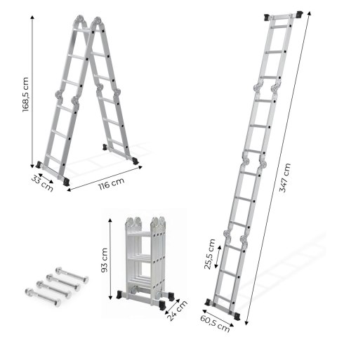 Drabina aluminiowa wielofunkcyjna 4x3 przegubowa składana 150 kg ModernHome