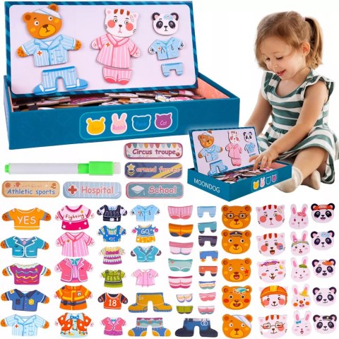 Klocki puzzle magnetyczne ubieranka miś kotek 68 el tablica 2w1