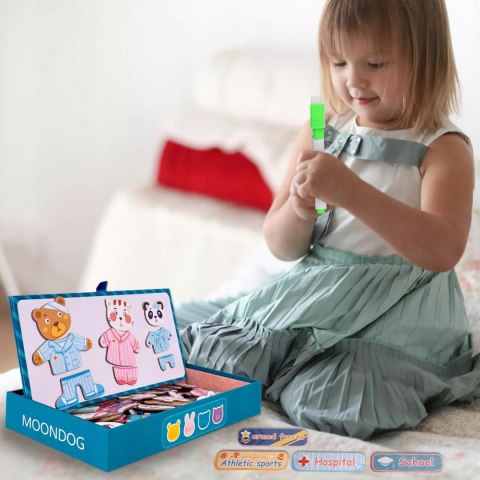 Klocki puzzle magnetyczne ubieranka miś kotek 68 el tablica 2w1