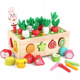 Układanka Montessori sorter klocków Złap Robaczka drewniany wózek marchewki