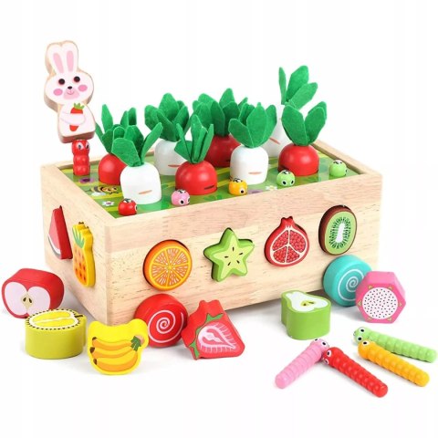 Układanka Montessori sorter klocków Złap Robaczka drewniany wózek marchewki