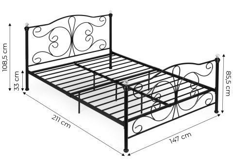 Łóżko metalowe 140x200 cm ze stelażem czarna rama kryształy ModernHome