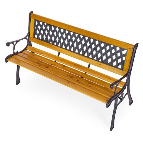 Drewniana ławka ogrodowa 126x51 cm z ażurowym oparciem i żeliwnymi nogami parkowa MultiGarden