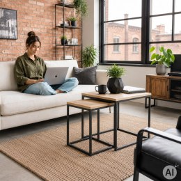 Stoliki kawowe rozkładane kwadratowe zestaw 2w1 jasny dąb loftowe ModernHome
