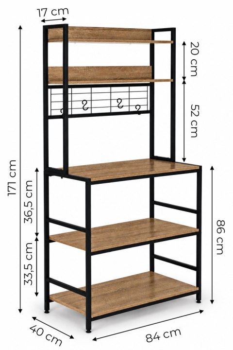 Regał kuchenny z półkamni stojak 84 cm 6 poziomów haczyki loft jasny dąb ModernHome