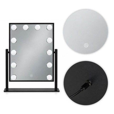 Lustro do makijażu LED 30x40 cm kosmetyczne podświetlane 3 barwy 12 żarówek czarne ModernHome