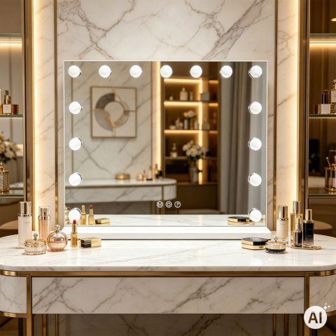 Lustro do makijażu LED 57x46 cm kosmetyczne podświetlane 3 barwy regulacja jasności 15 żarówek ModernHome