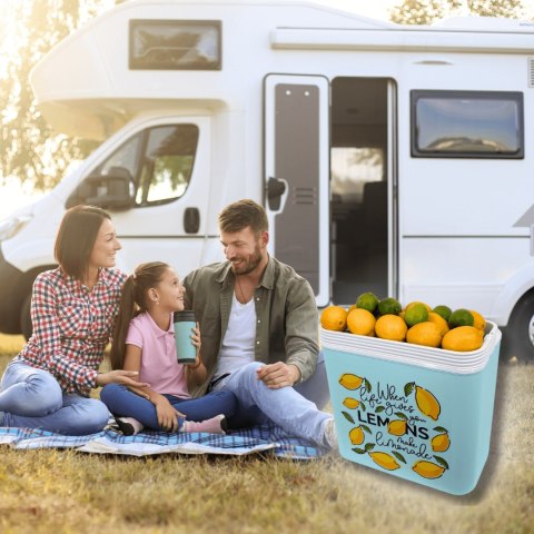 Lodówka turystyczna 24L Kamai Coolbox na wkłady mrożące, niebieska z nadrukiem cytryn, żółta pokrywa i biała rączka