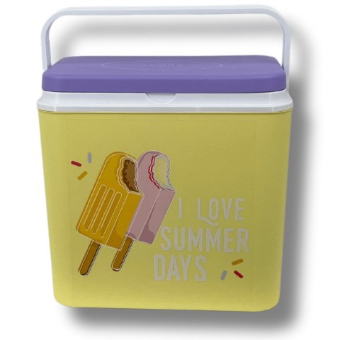 Lodówka turystyczna 24L Kamai Coolbox na wkłady mrożące, żółta z nadrukiem lodów, fioletowa pokrywa i biała rączka