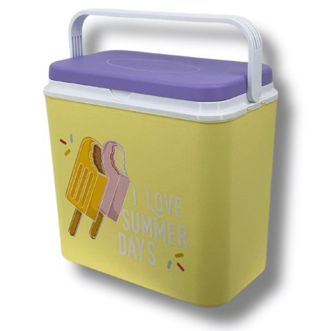 Lodówka turystyczna 24L Kamai Coolbox na wkłady mrożące, żółta z nadrukiem lodów, fioletowa pokrywa i biała rączka