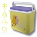 Lodówka turystyczna 24L Kamai Coolbox na wkłady mrożące, żółta z nadrukiem lodów, fioletowa pokrywa i biała rączka