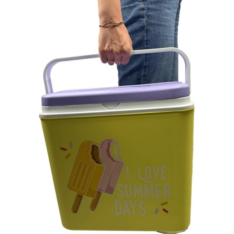 Lodówka turystyczna 24L Kamai Coolbox na wkłady mrożące, żółta z nadrukiem lodów, fioletowa pokrywa i biała rączka