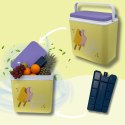 Lodówka turystyczna 24L Kamai Coolbox na wkłady mrożące, żółta z nadrukiem lodów, fioletowa pokrywa i biała rączka