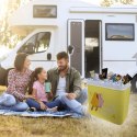 Lodówka turystyczna 24L Kamai Coolbox na wkłady mrożące, żółta z nadrukiem lodów, fioletowa pokrywa i biała rączka