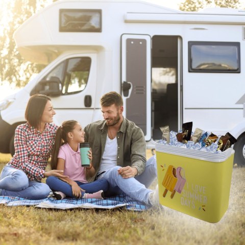 Lodówka turystyczna 24L Kamai Coolbox na wkłady mrożące, żółta z nadrukiem lodów, fioletowa pokrywa i biała rączka