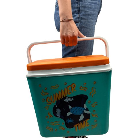 Lodówka turystyczna 24L Kamai Coolbox na wkłady mrożące, niebieska z nadrukiem zwierząt morskich, pomarańczowa pokrywa i biała r