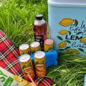 Lodówka turystyczna 24L Kamai Coolbox na wkłady mrożące, niebieska z nadrukiem cytryn, żółta pokrywa i biała rączka