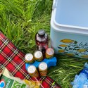 Lodówka turystyczna 24L Kamai Coolbox na wkłady mrożące, niebieska z nadrukiem cytryn, żółta pokrywa i biała rączka