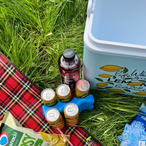 Lodówka turystyczna 24L Kamai Coolbox na wkłady mrożące, niebieska z nadrukiem cytryn, żółta pokrywa i biała rączka