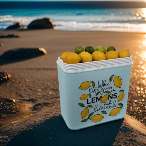Lodówka turystyczna 24L Kamai Coolbox na wkłady mrożące, niebieska z nadrukiem cytryn, żółta pokrywa i biała rączka