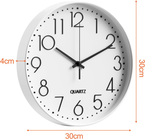 ZEGAR ŚCIENNY DUŻY OKRĄGŁY BIAŁY CZYTELNY 30 cm NA ŚCIANĘ