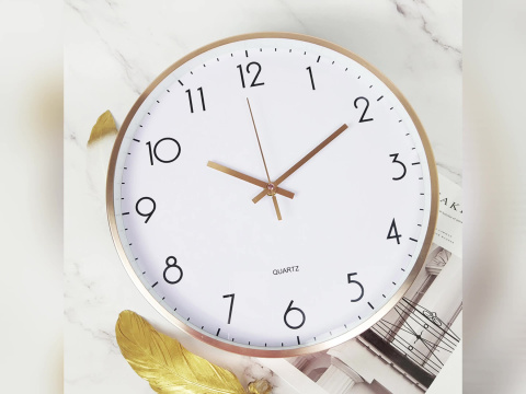 ZEGAR ŚCIENNY DUŻY OKRĄGŁY BEZGŁOŚNY RÓŻOWE ZŁOTO CYFRY CZYTELNY 30 cm METALOWY PŁYNĄCY