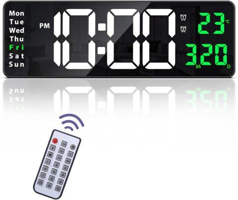 ZEGAR ŚCIENNY DUŻY BUDZIK 39 cm ELEKTRONICZNY CYFROWY LED PILOT TERMOMETR