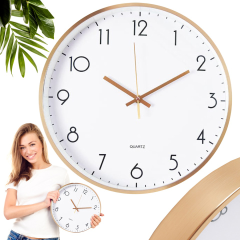 ZEGAR ŚCIENNY DUŻY OKRĄGŁY BEZGŁOŚNY RÓŻOWE ZŁOTO CYFRY CZYTELNY 30 cm METALOWY PŁYNĄCY
